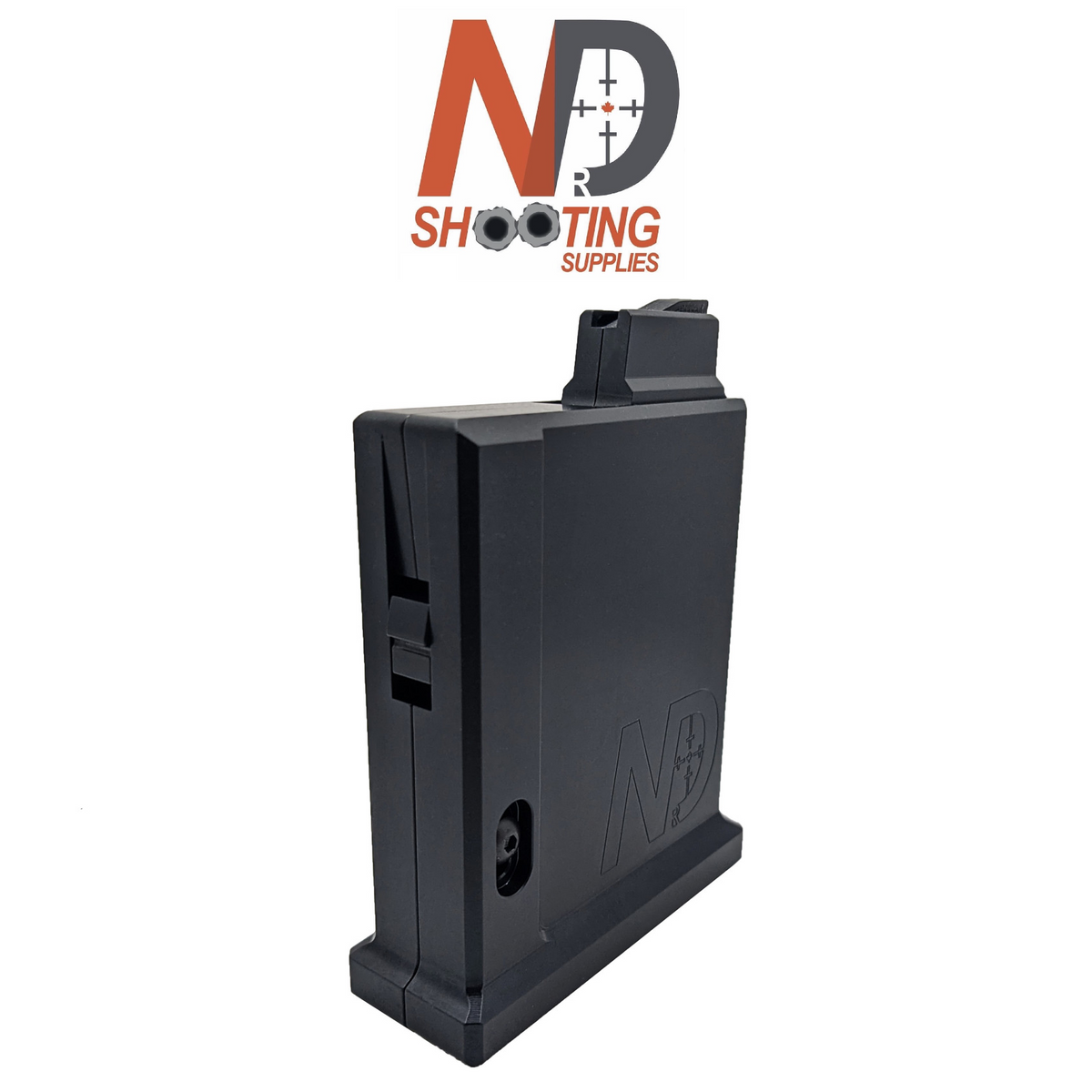 Black NDR 15 Round AICS 22LR Magazine with a boxy rectangular design and integrated latch for use with compatible firearms.