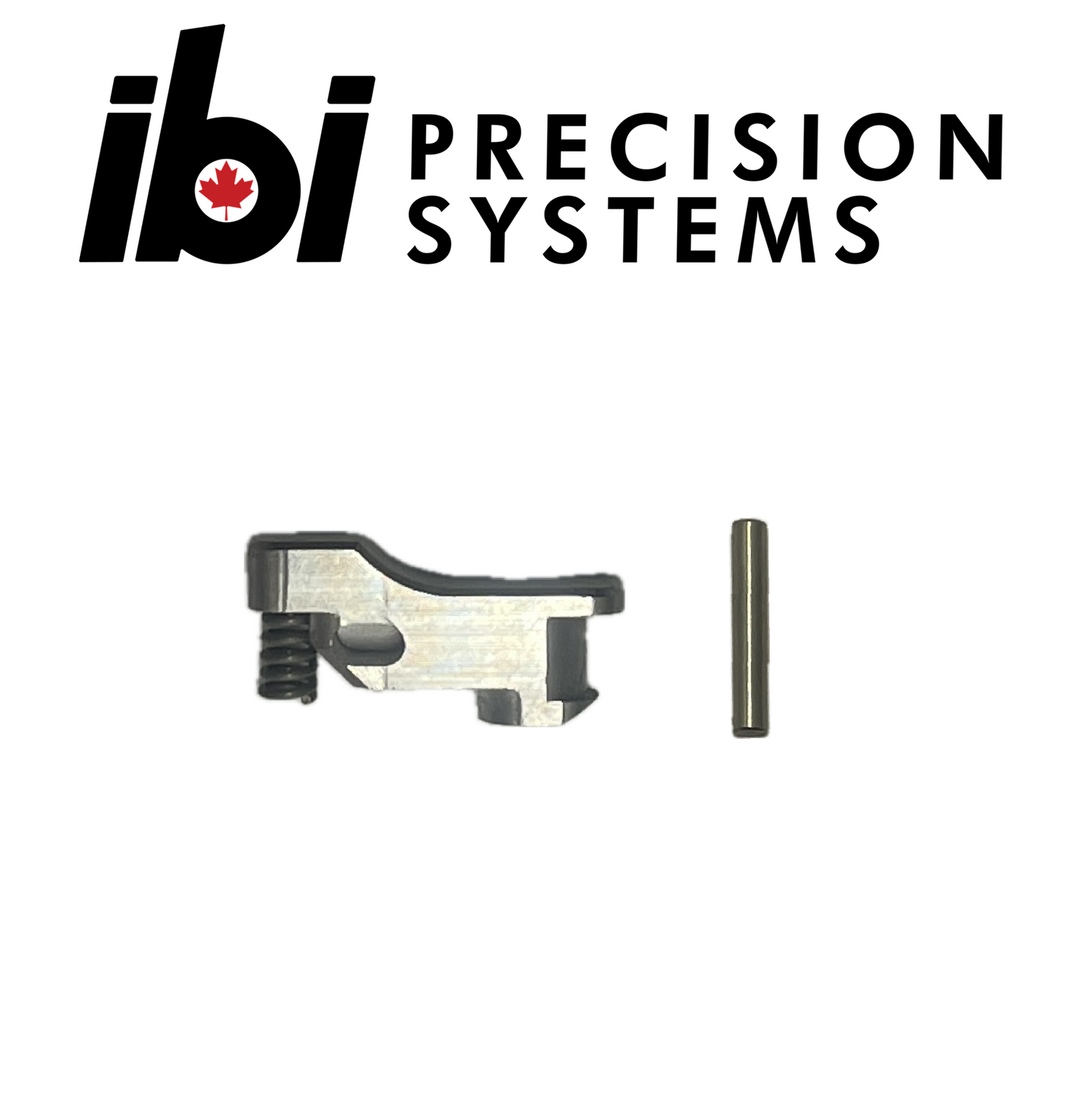 Small metal components including a pin and a lever part displayed on a white background beneath the IBI Precision Systems logo, part of the Deadline Bolt Stop Kit.