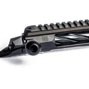 Close-up of the Deadline 2.0 Action showing its black barrel nut prefit design, bolt handle, and precision-machined details for custom barreled action setups.