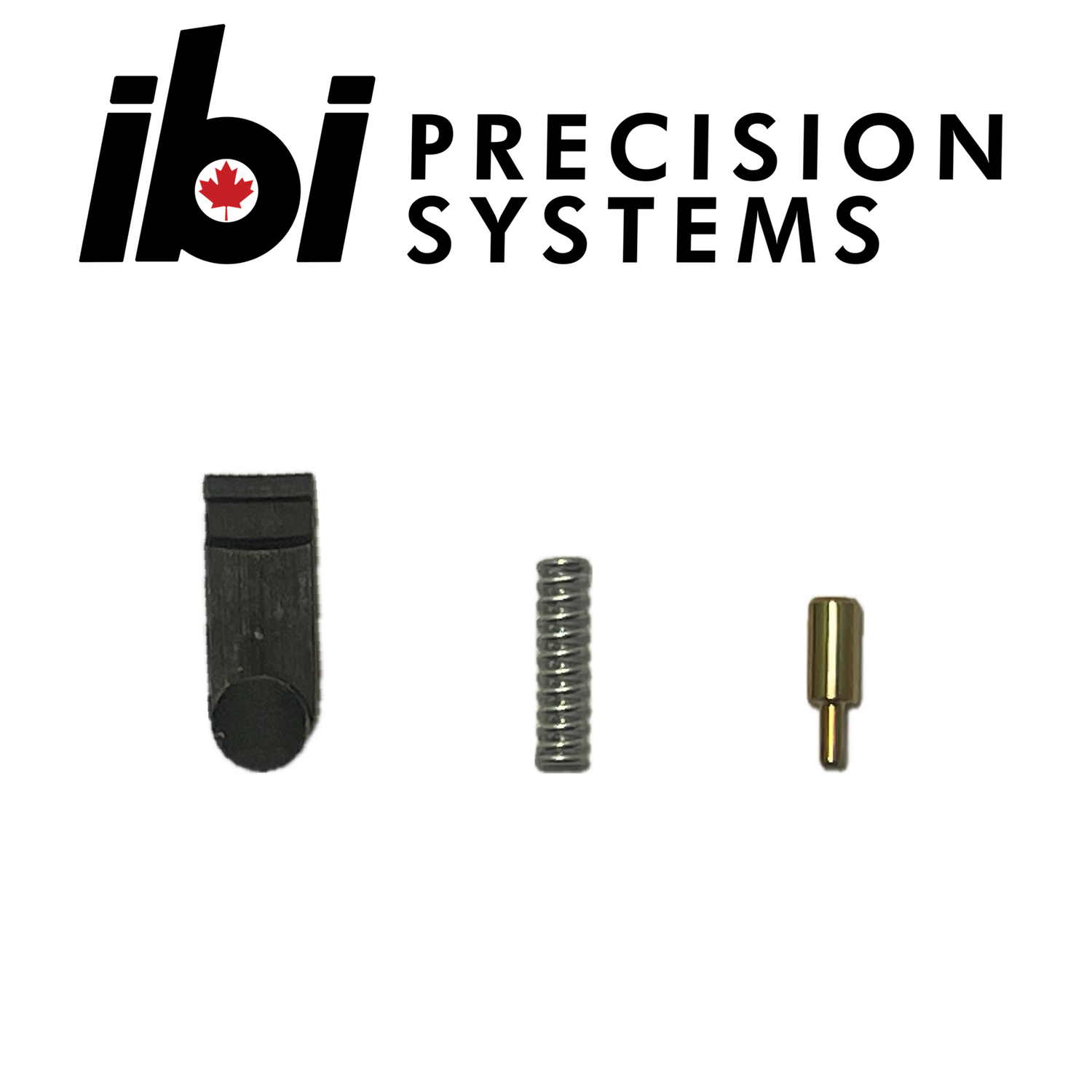 Small metal components including a black latch, a steel spring, and a brass pin arranged below the IBI Precision Systems logo for the HMB Extractor Kit.