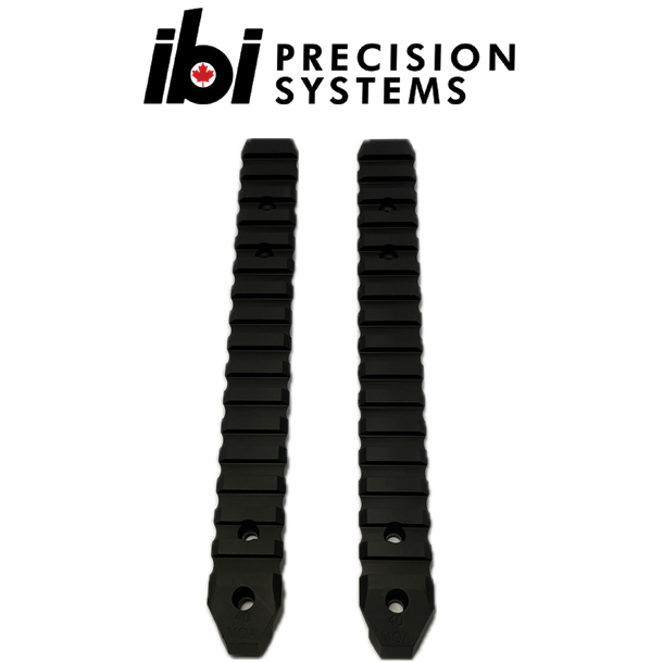Two black metal rails with mounting holes, displayed vertically, designed as 40 MOA Rail For Deuce 2.0 by IBI Precision Systems, suitable for custom barreled actions and precision setups.