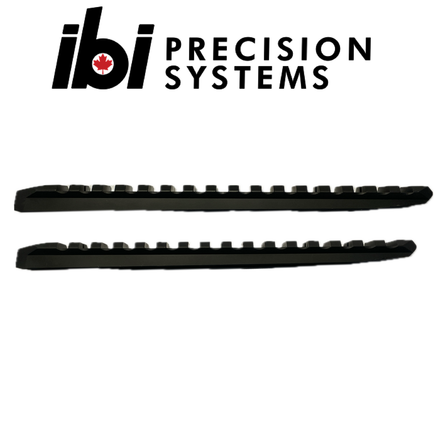 Two black metal rails with mounting slots displayed below the IBI Precision Systems logo, designed as the 40 MOA Rail For Deuce 2.0 for firearm customization and precision shooting upgrades.