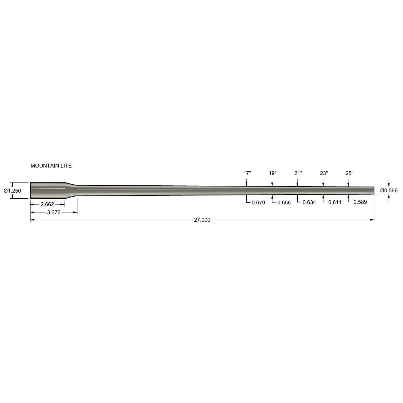 Technical drawing of the Wait-Less: Steel Blanks showing precise measurements along the length of a slender steel barrel blank with tapered dimensions.