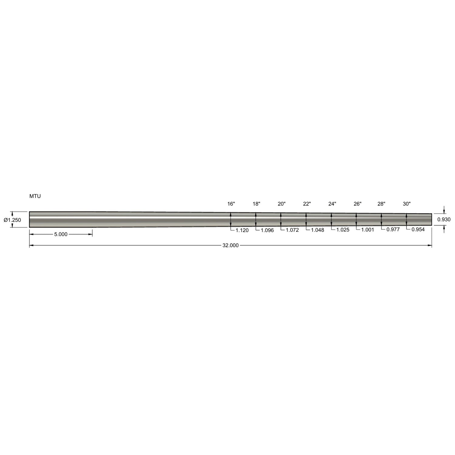 Technical diagram of a long metallic barrel blank with precise measurements and dimensions labeled, representing the Wait-Less: Steel Blanks product for custom barrel manufacturing.
