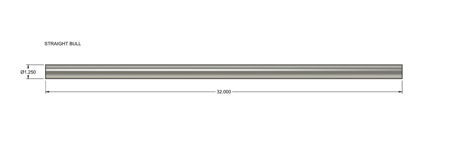 Diagram of a straight steel blank measuring 32 inches in length and 1.250 inches in diameter, illustrating dimensions for Wait-Less: Steel Blanks.
