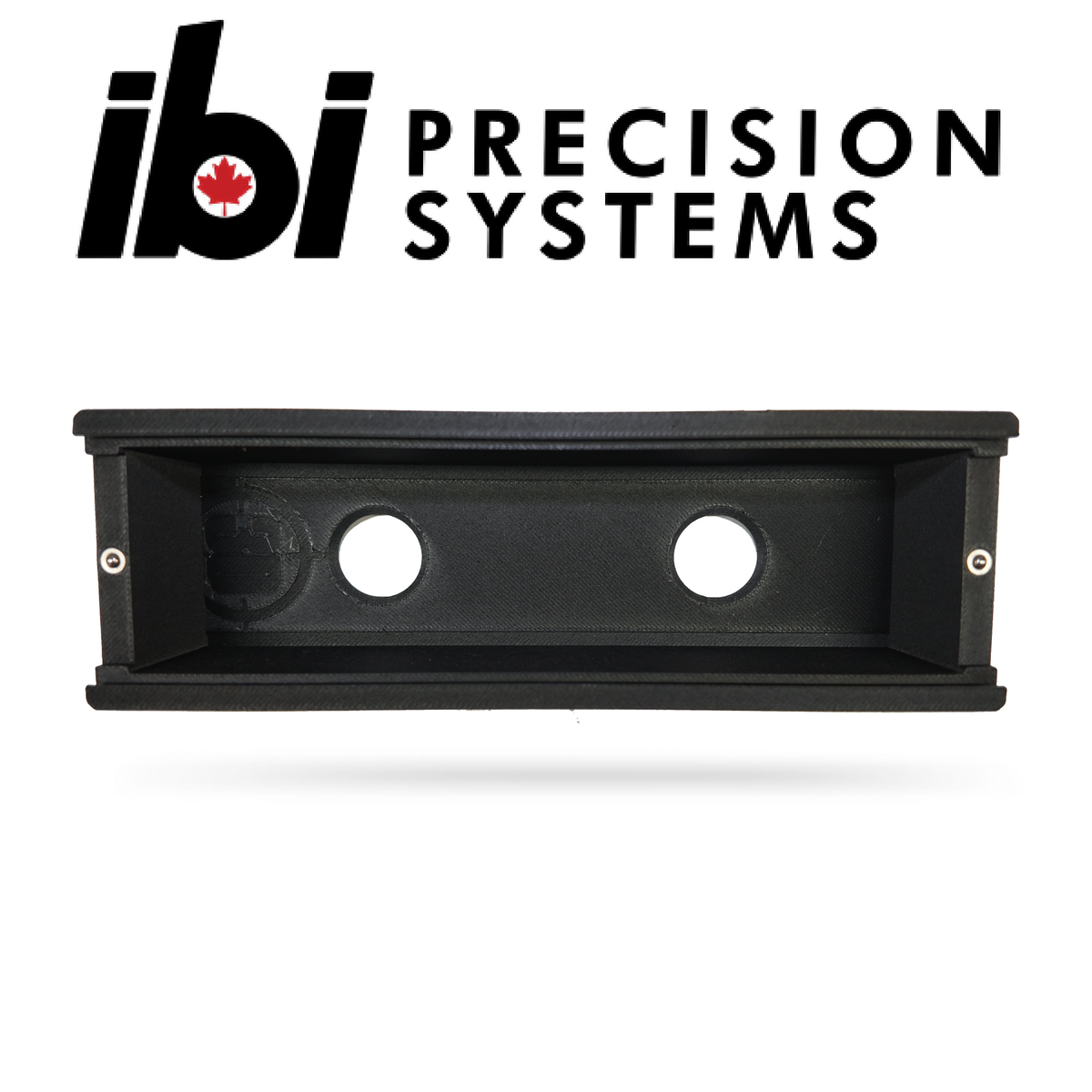 IBI Ammo Boxes black rectangular magazine accessory with two circular openings and IBI Precision Systems logo featuring a red maple leaf above it