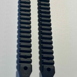 Two black metal 40 MOA Rail For Deuce 2.0 mounts with a series of evenly spaced ridges designed for precision firearm customization.