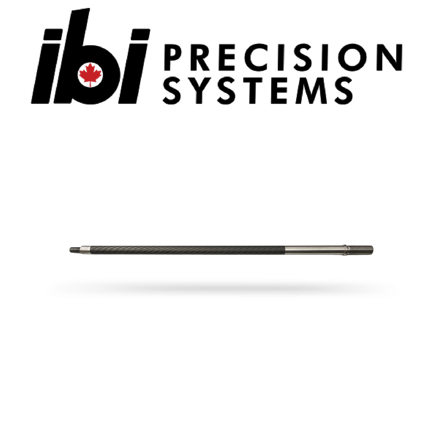 Carbon Shoulder Prefit Barrels displayed below the IBI Precision Systems logo, showcasing a sleek carbon fiber barrel with metal fittings for custom firearm builds.