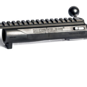 Close-up image of a black barreled action with a bolt handle, featuring a Picatinny rail and engraving of 