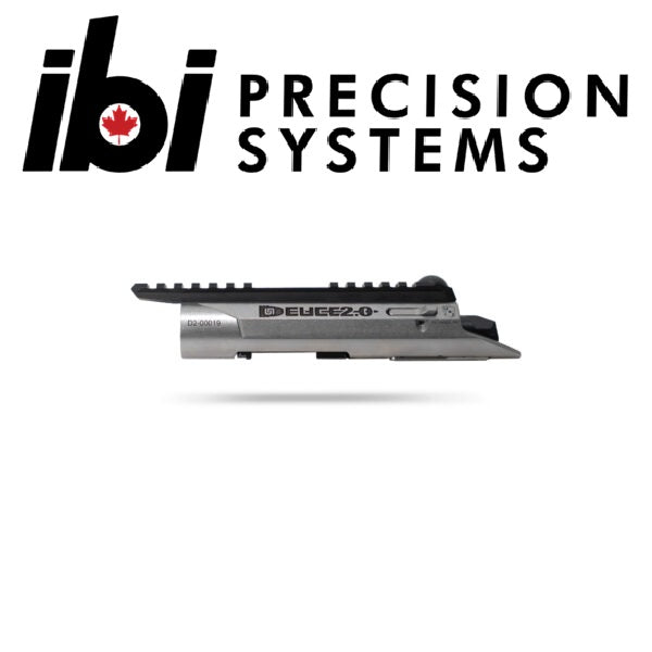 IBI Precision Systems logo above a sleek stainless steel Deuce 2.0 RH - The Ultimate 22LR Repeating Action barreled action with integrated rail and custom craftsmanship.