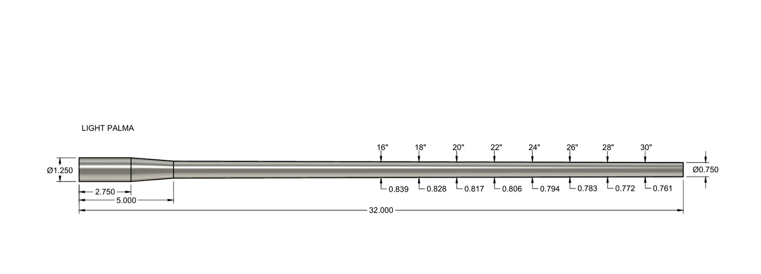 Technical diagram of a precision-machined barrel blank showing detailed measurements and dimensions, labeled as Wait-Less: Steel Blanks.