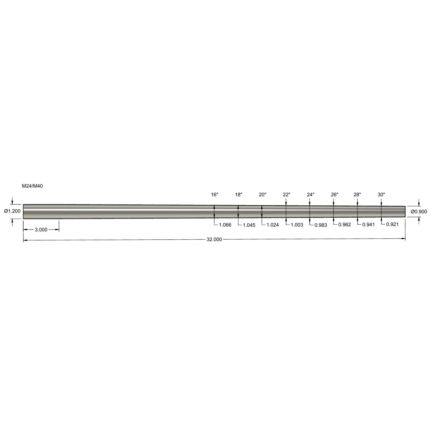 Detailed technical drawing of a cylindrical steel component with measurements, illustrating dimensions and tapering, labeled with 