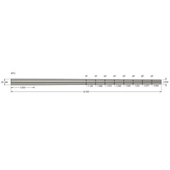 Technical diagram of a long metallic barrel blank with precise measurements and dimensions labeled, representing the Wait-Less: Steel Blanks product for custom barrel manufacturing.