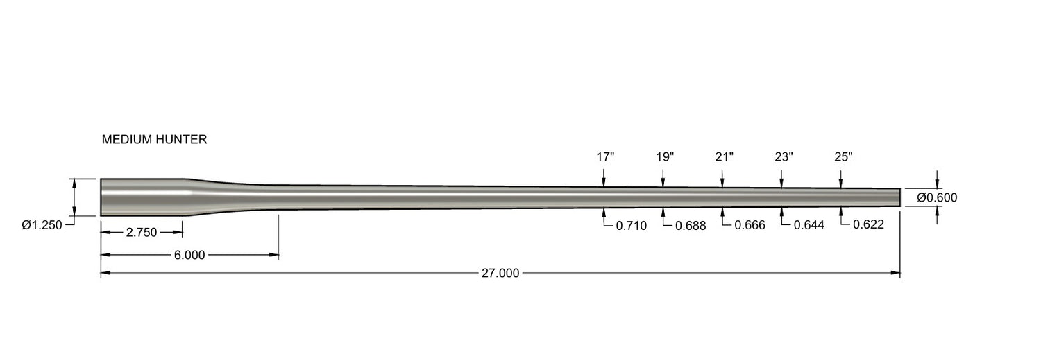 Technical drawing of a precision steel barrel blank with detailed measurements, labeled Medium Hunter, featuring the product name Wait-Less: Steel Blanks.