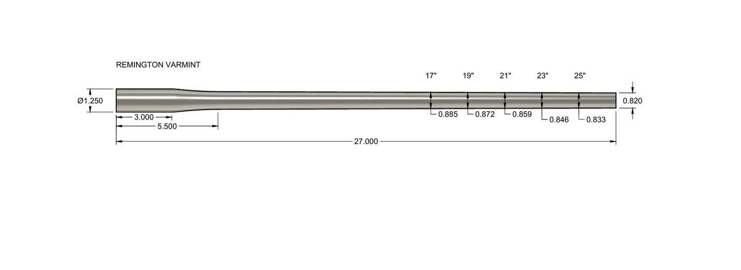 Technical drawing of a Remington Varmint barrel blank with detailed measurements, labeled as Wait-Less: Steel Blanks, showing length and diameter specifications.