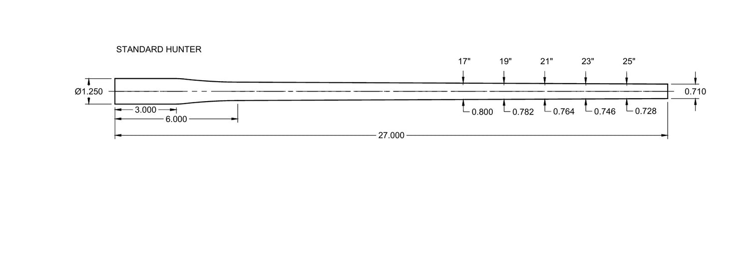 Technical drawing of a steel barrel blank measuring 27 inches in length with detailed diameter specifications at various points, labeled 
