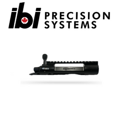 Close-up side view of a precision machined barreled action in black and silver finishes, featuring a bolt handle on the left side, labeled HMB Hunter - Left Hand.