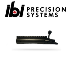 HMB Tactical - Left Hand barreled action in black cerakote finish with bolt handle upright below IBI Precision Systems logo on white background