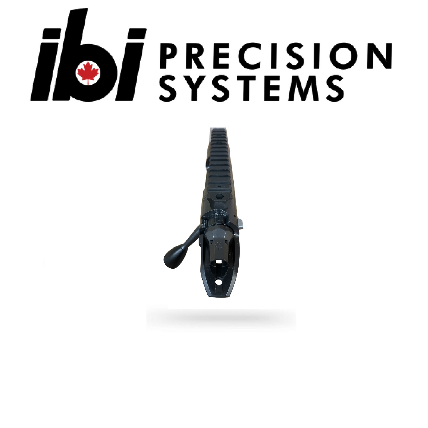 Front view of a black tactical rifle barreled action with bolt handle, featuring HMB Tactical - Left Hand design, positioned under IBI Precision Systems logo on white background.