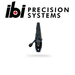 Front view of a black tactical rifle barreled action with bolt handle, featuring HMB Tactical - Left Hand design, positioned under IBI Precision Systems logo on white background.