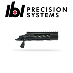 Black precision barreled action with spiral fluted barrel and bolt handle, designed for right-handed use, branded by IBI Precision Systems, labeled as HMB Tactical - Right Hand.