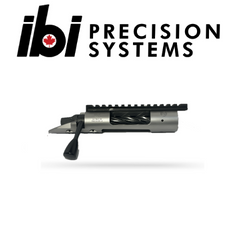 Close-up view of the HMB Tactical - Right Hand barreled action in satin finish, featuring a bolt with ergonomic handle and picatinny rail, designed for custom rifle builds.